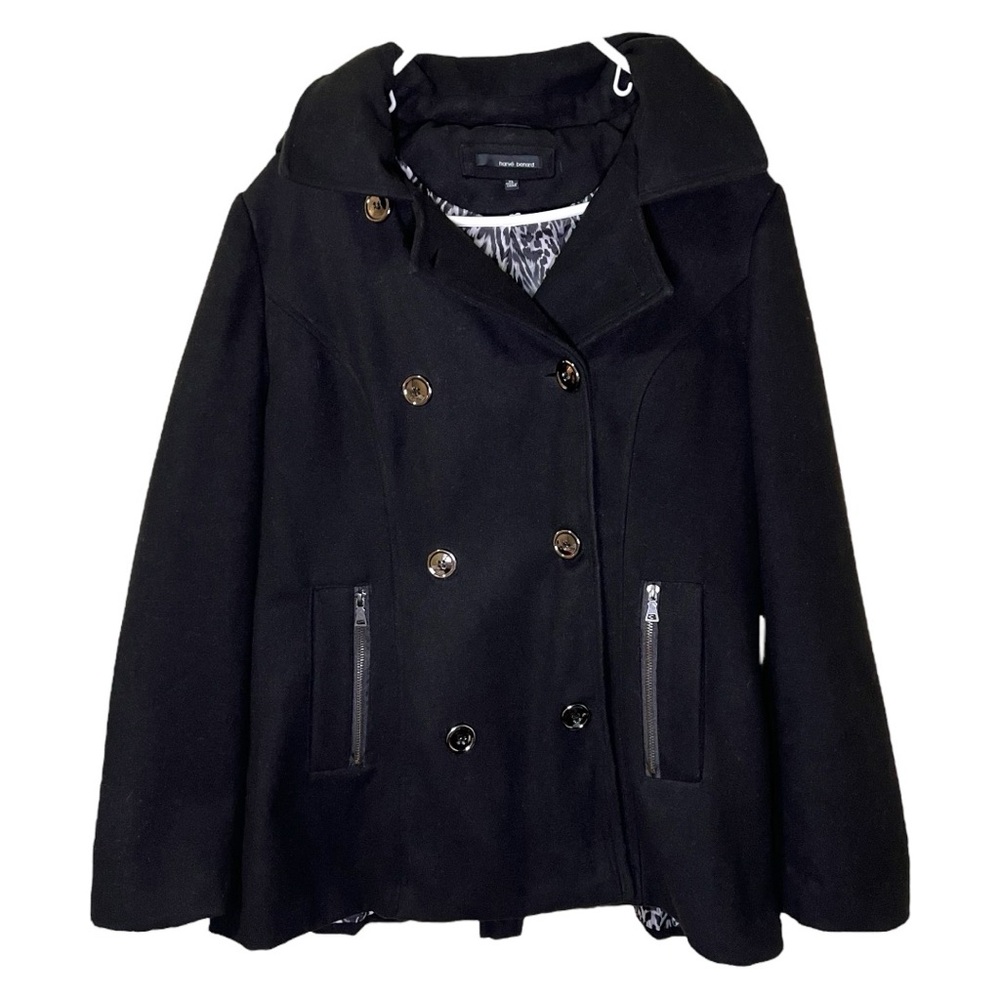 Y2K HARVE BENARD Black & Animal Print Polyester Hooded Double Breasted Peacoat